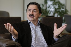 Gomez, the head of Mexico's mining union, speaks during an interview in Vancouver