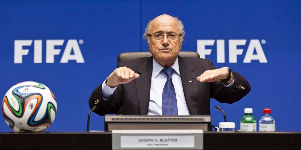 FIFA president Sepp Blatter talks during a press conference following an executive meeting of the football's world governing body at the Home of FIFA on March 21, 2014 in Zurich. A report on migrant workers' rights in Qatar ahead of the 2022 World Cup and the 2014 FIFA World Cup in Brazil was on the agenda. AFP PHOTO / MICHAEL BUHOLZER        (Photo credit should read MICHAEL BUHOLZER/AFP/Getty Images)