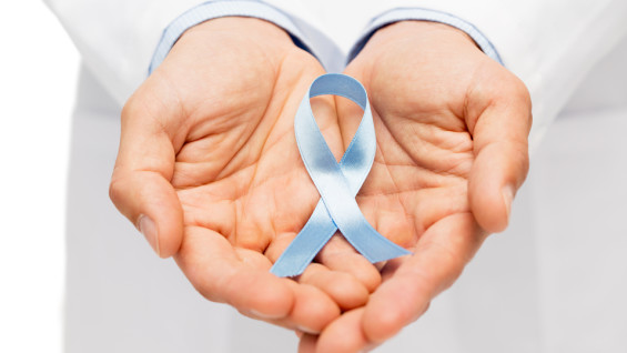 healthcare, profession, people and medicine concept - close up of male doctor hands holding sky blue prostate cancer awareness ribbon