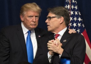 WASHINGTON, DC - JUNE 29:  (AFP OUT) U.S. President Donald Trump (L) embraces Energy Secretary Rick Perry after Trump delivered remarks on at the Unleashing American Energy event at the Department of Energy on June 29, 2017 in Washington, DC. Trump announced a number on initiatives including his Administration's plan on rolling back regulations on energy production and development.  (Photo by Kevin Dietsch-Pool/Getty Images)