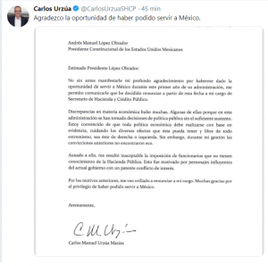 TEXTO ÍNTEGRO: Carlos URZÚA le RENUNCIA a AMLO en twitter 